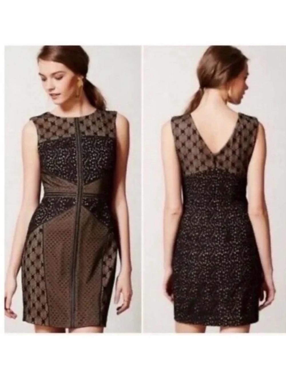 Anthropologie Heartloom Lace Topography Black & Nude Sheath Dress Size Medium